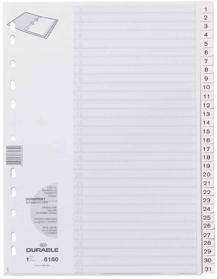 DURABLE Kunststoff-Register, Zahlen, A4, 31-teilig, 1 - 31 von Durable
