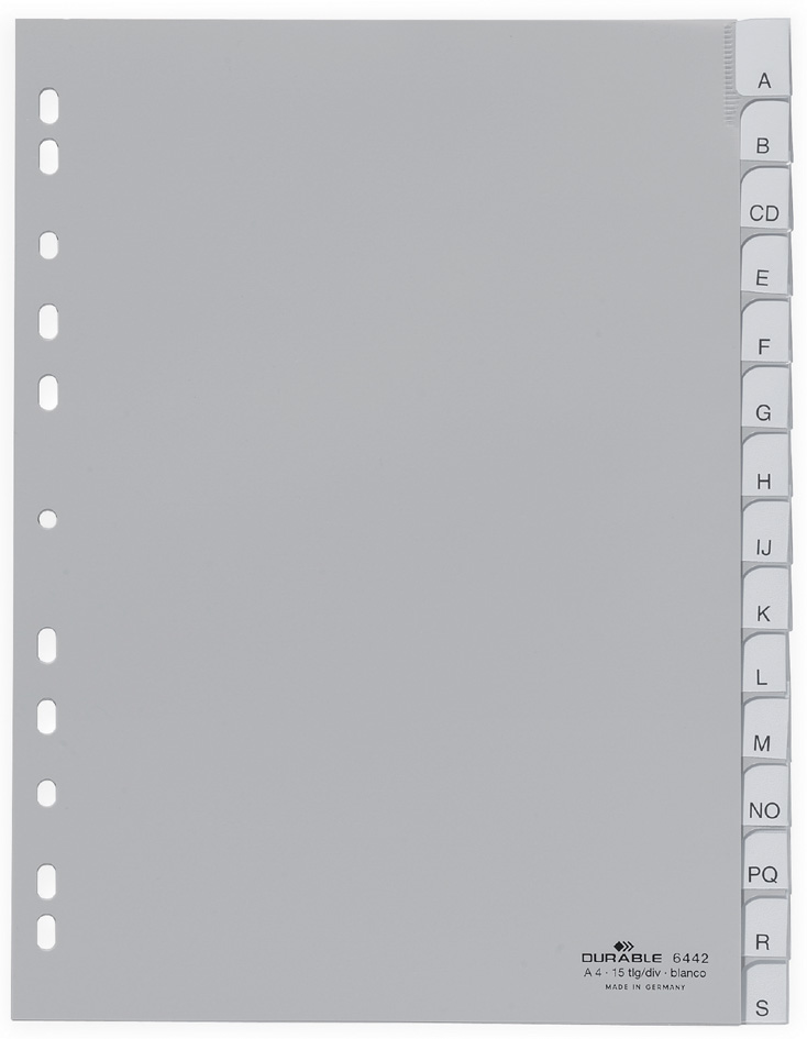 DURABLE Kunststoff-Register, blanko, A4, 15-teilig, grau von Durable