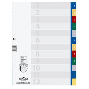DURABLE Ordnerregister Vollformat 1-12 blau, gelb, rot, grün, grau 12-teilig, 1 Satz von Durable