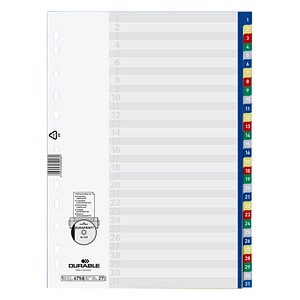 DURABLE Ordnerregister Vollformat 1-31 blau, gelb, rot, grün, grau 31-teilig, 1 Satz von Durable