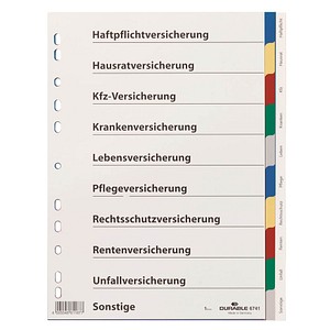 DURABLE Ordnerregister Vollformat blanko mit Deckblatt Versicherungen 2x blau, 2x gelb, 2x rot, 2x grün, 2x grau 10-teilig, 1 Satz von Durable