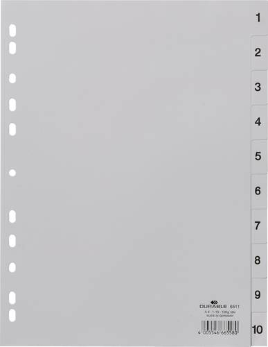 Durable 6511 Register DIN A4 1-10 Polypropylen Grau 10 Registerblätter geprägte Taben 651110 von Durable
