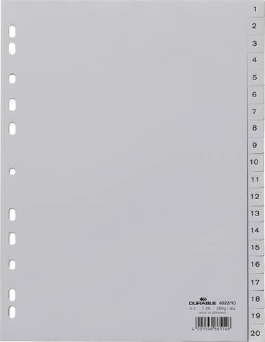 Durable 6522 Register DIN A4 1-20 Polypropylen Grau 20 Registerblätter geprägte Taben 652210 von Durable