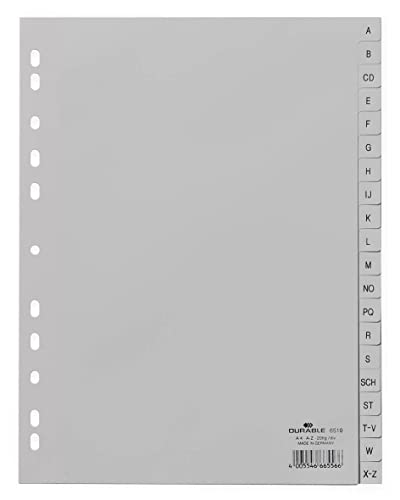Durable A-Z Register (A4, geprägte Taben, 20tlg., aus PP, volldeckend) 20 Stück, grau, 651010 von Durable