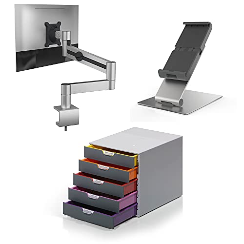 Durable Home Office Set Ergonomie & Ordnung 1 - Tablet Holder Table, Varicolor 5 Schubladenbox, Monitorhalter für 1 Monitor (21-27 Zoll) von Durable