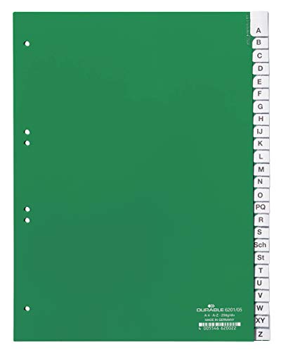 Durable Kunststoffregister A - Z, A4 hoch, volldeckend, 20er-Teilung, grün, 620005 von Durable