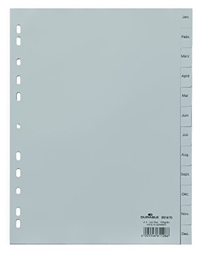Durable Monatsregister (A4, geprägte Taben Jan-Dez, PP volldeckend) 25 Stück, grau, 651410 von Durable