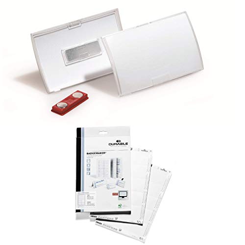 Durable Namensschild Click Fold 10 Stück mit Magnet im druckfertigen Set (54x90mm), mit 200 mikroperforierten Einsteckschildern von Durable