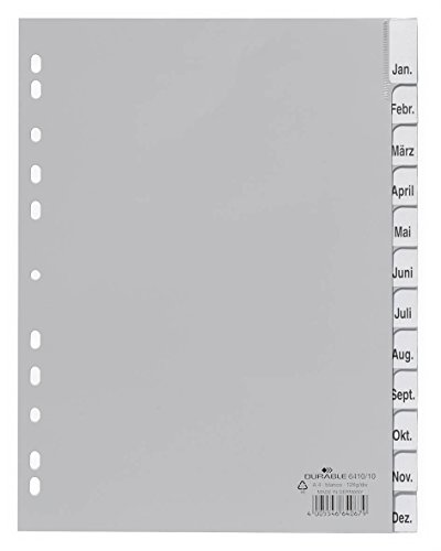 Durable Ordnerregister, aus PP, Tabe blanko, für A4, 12 Blatt, grau, 641010 von Durable