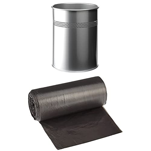 Durable Papierkorb Metall rund (15 Liter, Perforation 30 mm) silber, 330023 + Müllbeutel DEISS UNIVERSAL PLUS 15 L, 50-er Pack von Durable