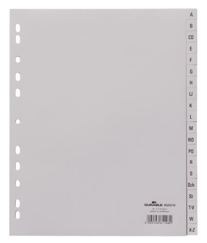 Durable Register mit geprägten Taben A-Z, 20-teilig, Universallochung, überbreit, 20 Stück, grau, 652010 von Durable