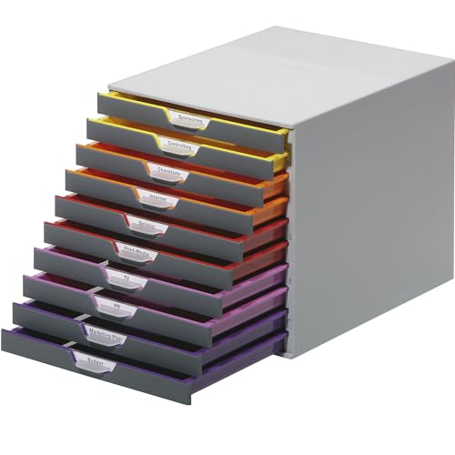 Durable Schubladenbox A4 (Varicolor) 10 Fächer, mit Etiketten zur Beschriftung, mehrfarbig, 761027 von Durable