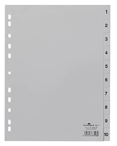 Durable Zahlenregister (A4, geprägte Taben 1-10, PP volldeckend) 25 Stück, grau, 651110 von Durable