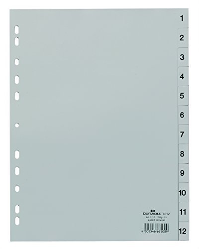 Durable Zahlenregister (A4, geprägte Taben 1-12, PP volldeckend) 25 Stück, grau, 651210 von Durable