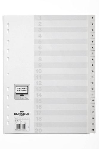 Durable Zahlenregister (A4, mit Deckblatt, geprägte Taben 1-20, PP Universallochung) 20 Stück, weiß, 616302 von Durable