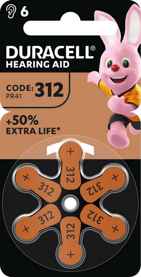 Duracell 6 Easytab Typ 312 / DA 312 Zink-Luft Hörgerätebatterien im 6er Blister Batterie von Duracell