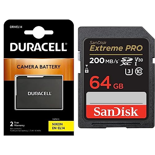 Duracell DRNEL14 Li-Ion Kamera Ersetzt Akku für EN-EL14 & SanDisk Extreme PRO SDXC UHS-I Speicherkarte 64 GB von Duracell