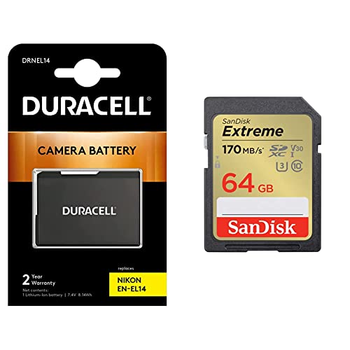 Duracell DRNEL14 Li-Ion Kamera Ersetzt Akku für EN-EL14 & SanDisk Extreme SDXC UHS-I Speicherkarte 64 GB (V30, 170 MB/s Übertragung, U3, 4K UHD Videos, SanDisk QuickFlow-Technologie) von Duracell