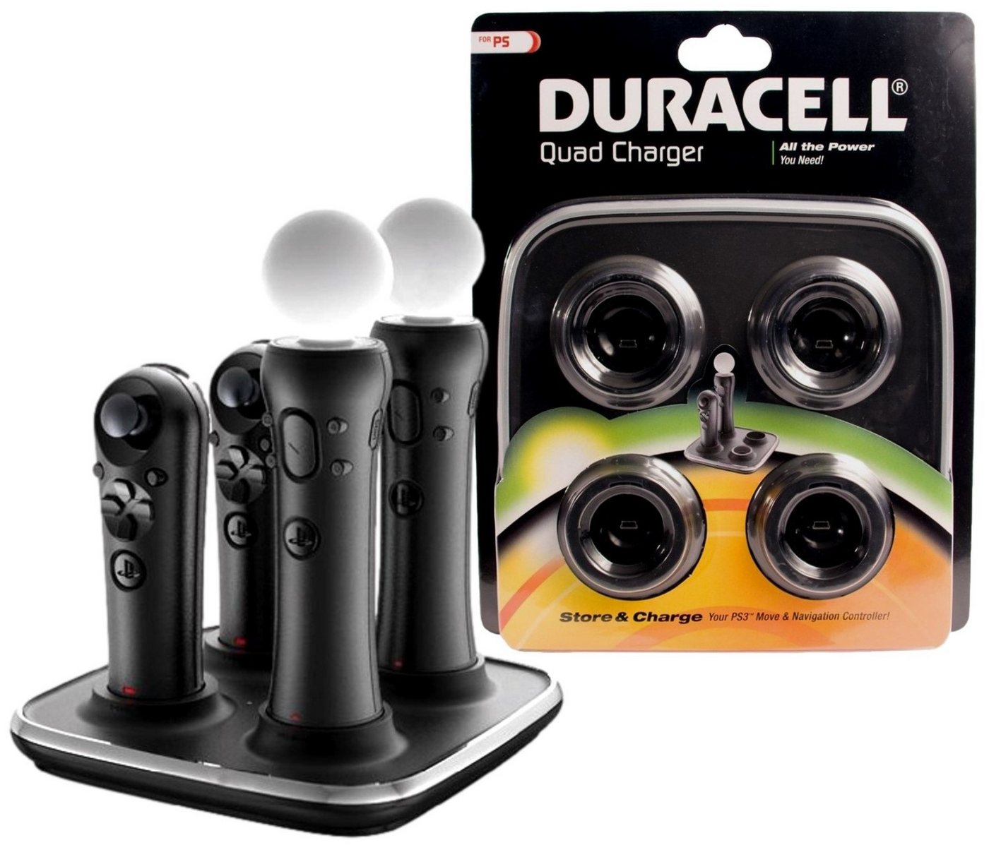 Duracell Konsolen-Dockingstation Quad Charger für PS Move Controller, 4-Port Ladegerät mit Netzteil für PS3 PS4 PS5 PS VR PS Move Controller von Duracell