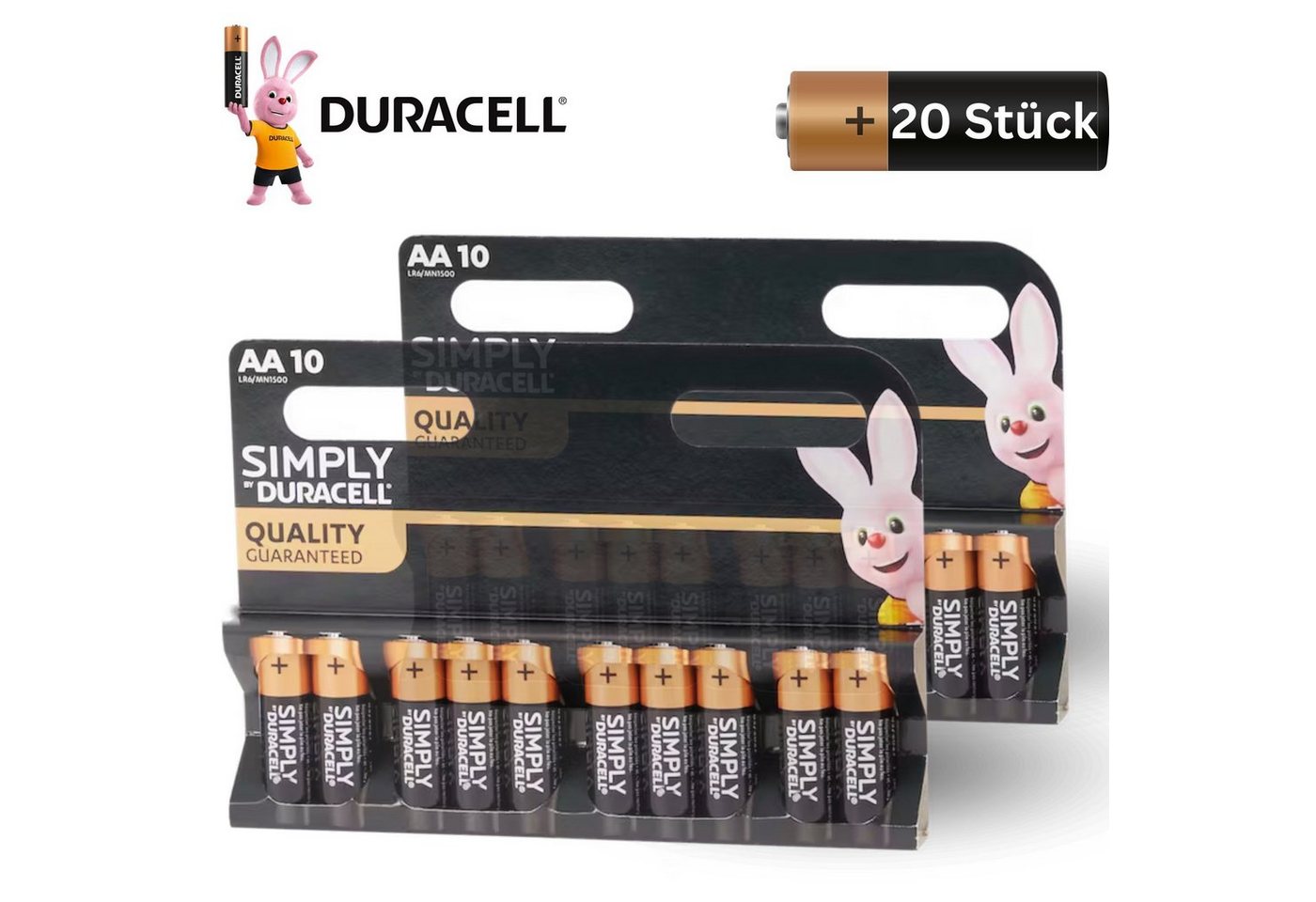 Duracell Simply 10 Pack + 10 Pack: 20x Mignon/AA/LR06 Batterie Batterie, LR06 (1,5 V), 1,5V von Duracell