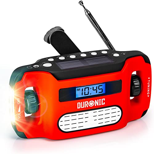 Duronic Apex Radio AM/FM | Mit Radiowecker und Taschenlampe | Aufladbar mit Solar, Kurbel und USB | 300mAh Akku | Bis zu 7h Musik mit voller Ladung | Ladefunktion für Handy | Notfallradio von Duronic