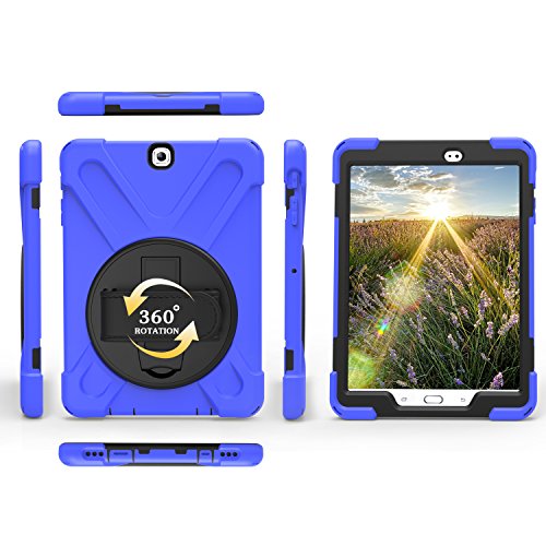 Schutzhülle für Samsung Galaxy Tab S2 9,7 Zoll T819 T818 T815 T813 T810, stoßfest, hart, 360 Grad drehbar, Handgelenkband, Silikon, Schutzhülle für Familie/Kinder (Blau) von Dusgixar