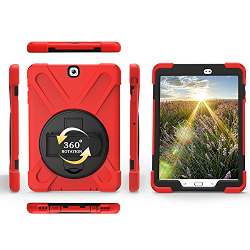Schutzhülle für Samsung Galaxy Tab S2 9,7 Zoll T819 T818 T815 T813 T810, stoßfest, hart, 360 Grad drehbar, Handgelenkband, Silikon, Schutzhülle für Familie/Kinder (Rot ) von Dusgixar