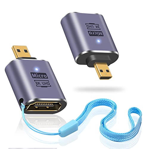 Duttek 8K HDMI auf Micro HDMI Adapter, Standard Micro HDMI 2.1 Version, Micro HDMI Stecker auf HDMI Buchse, Adapter mit LED Licht und perforiertem Design, unterstützt 8K@60Hz,4K@144Hz (2 Stück) von Duttek