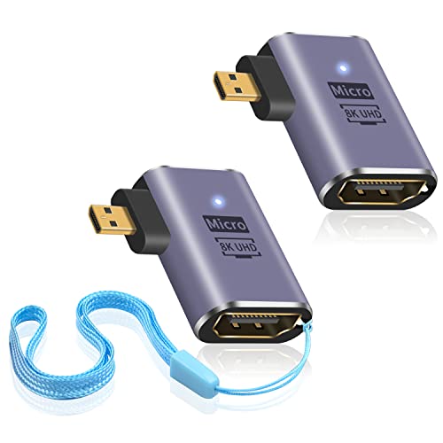 Duttek 90 Grad Micro HDMI auf HDMI Adapter 8K, 48Gbps Left Angle Micro HDMI Male to HDMI Female Connector mit LED Licht und perforiertem Design, unterstützt 8K@60Hz, 4K@144Hz (2 Stück) von Duttek