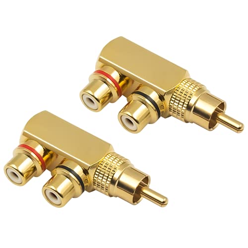 Duttek Cinch Splitter Adapter, Cinch Verteiler 1 auf 2, 90 Grad rechtwinkliger Cinch Stecker auf 2 Cinch Buchsen, AV Splitter, RCA Splitter, Audio/Video Y Splitter, 2 Stück von Duttek