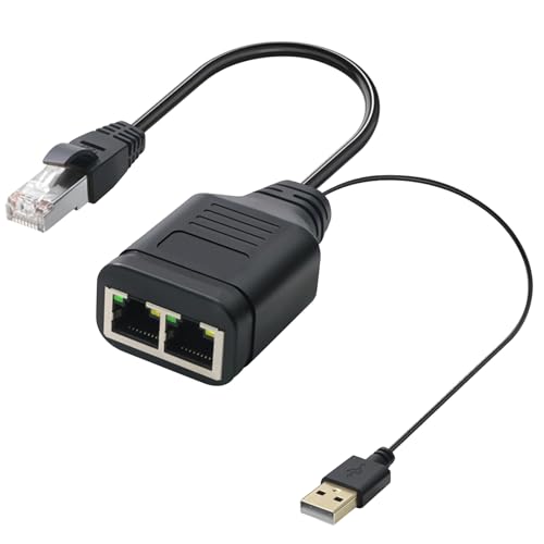 Duttek Ethernet Splitter Kabel, RJ45 1 in 2 Y Splitter Kabel, RJ45 Netzwerk Stecker zu zwei weiblichen Ethernet Adapter Kabel mit Power USB2.0 Kabel 40cm für Cat7/6/5-100Mbps (Simultanes Internet) von Duttek