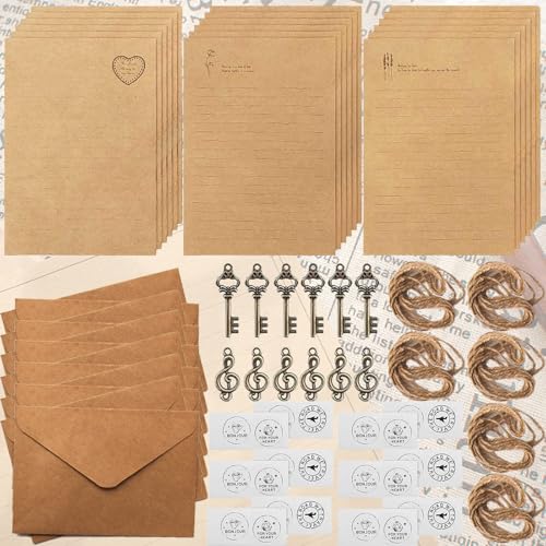 Duyteop 72 Stück Vintage Schreiben Briefpapier, Kraftpapier Vintage Briefpapier, Umschläge Antik Briefpapier, 24 Blätter Briefpapier, 12 Umschlägen, 12 Retro Schlüsseln, 12 Aufklebern, 12 Hanfseilen von Duyteop