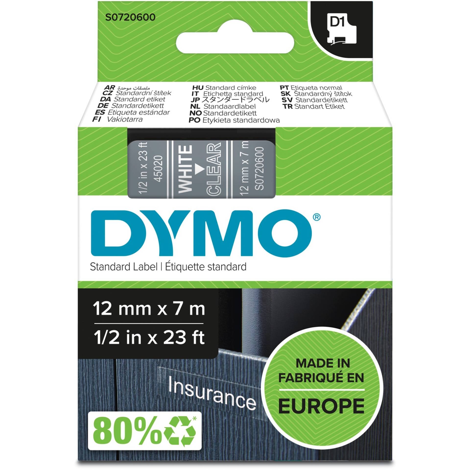 D1 ORIGINAL Schriftband, weiß auf transparent, 12mm x 7m von Dymo