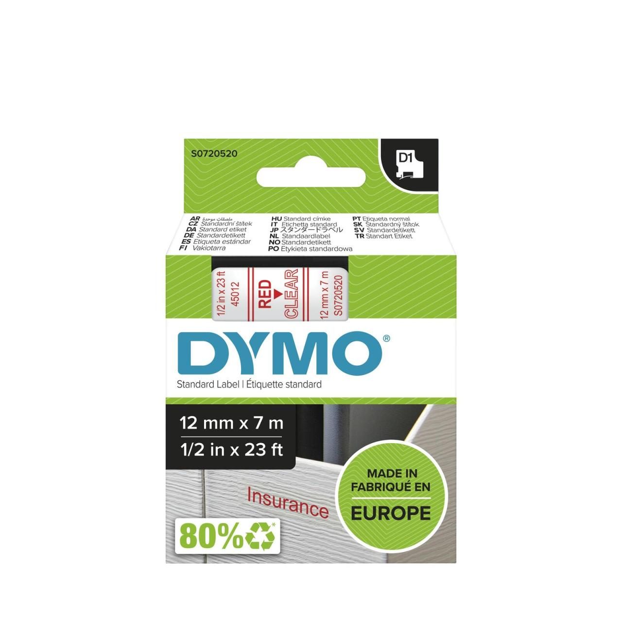 DYMO® Original D1-Schriftband für LabelManager™ 12mm x 7m - rot auf transparent von Dymo