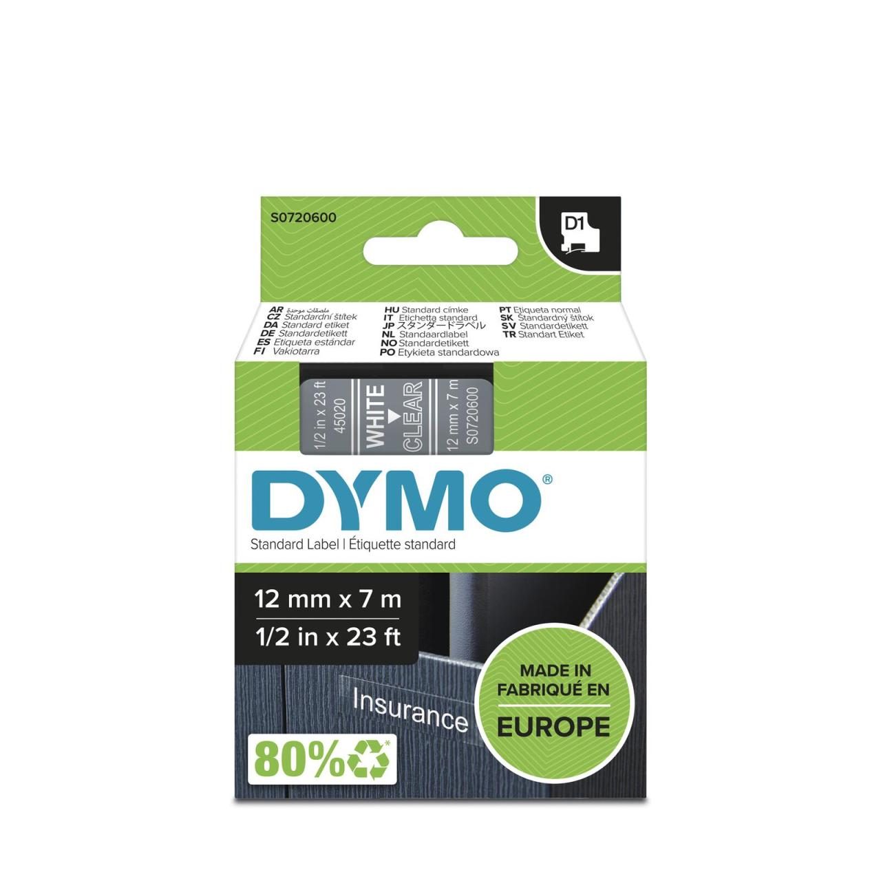 DYMO® Original D1-Schriftband für LabelManager™ 12mm x 7m - weiss auf transpa... von Dymo