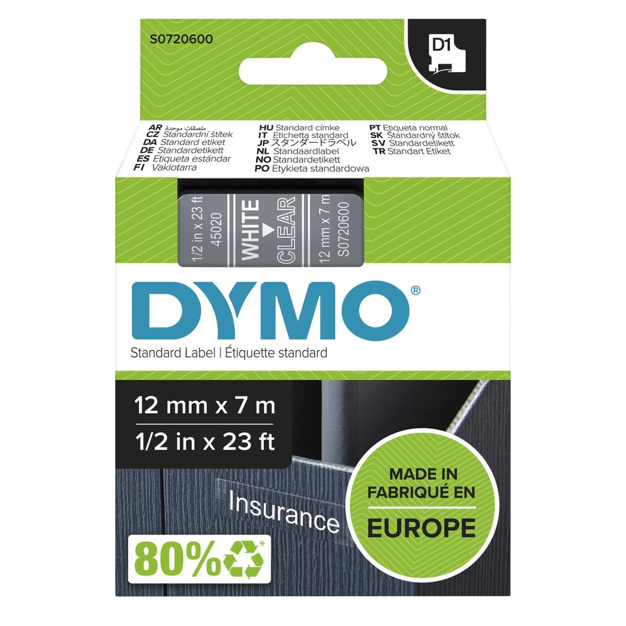 DYMO® Original D1-Schriftband für LabelManager™ 12mm x 7m - weiss auf transpa... von Dymo