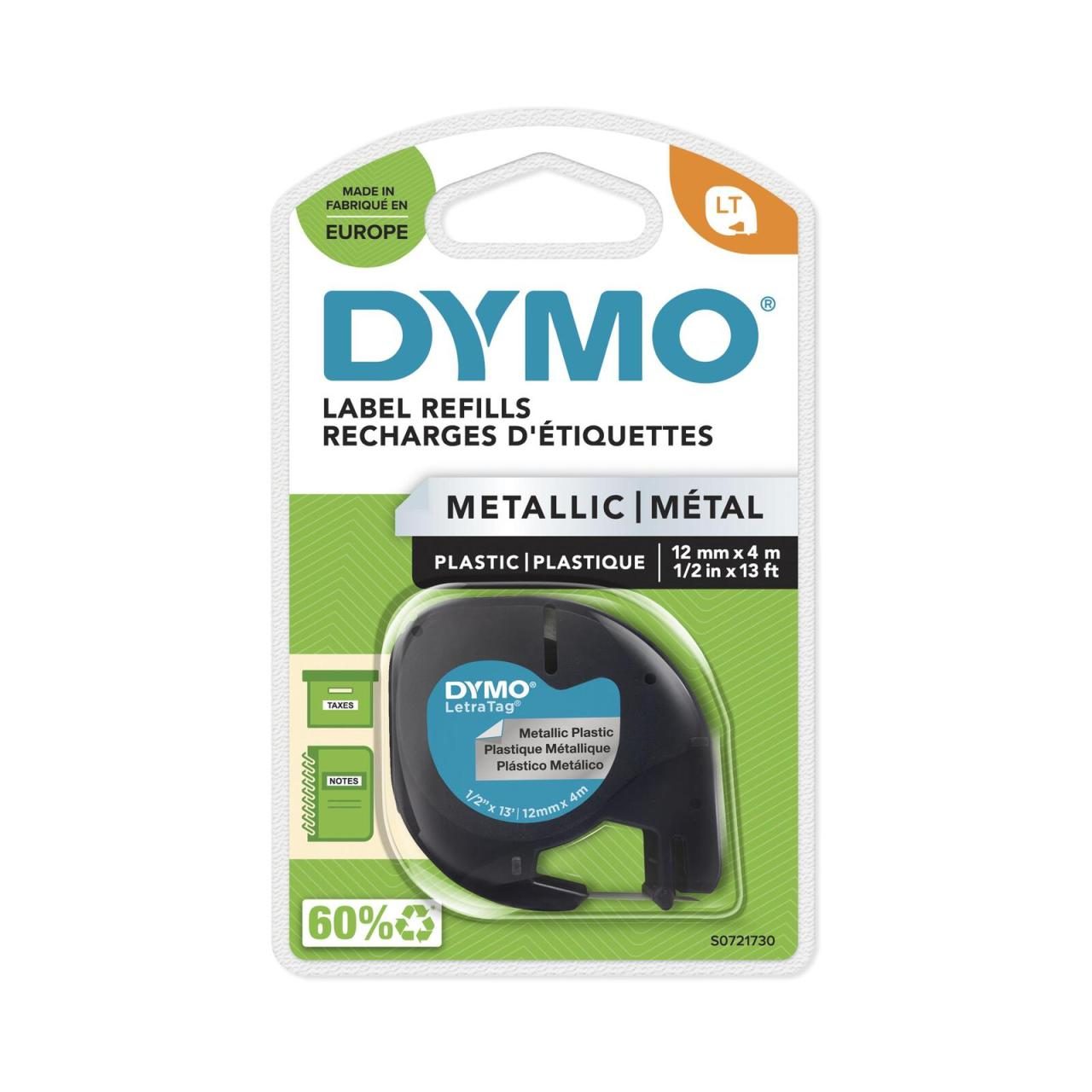 DYMO® Original Schriftband Plastik für LetraTag® 12mm x 4m- schwarz auf silbe... von Dymo