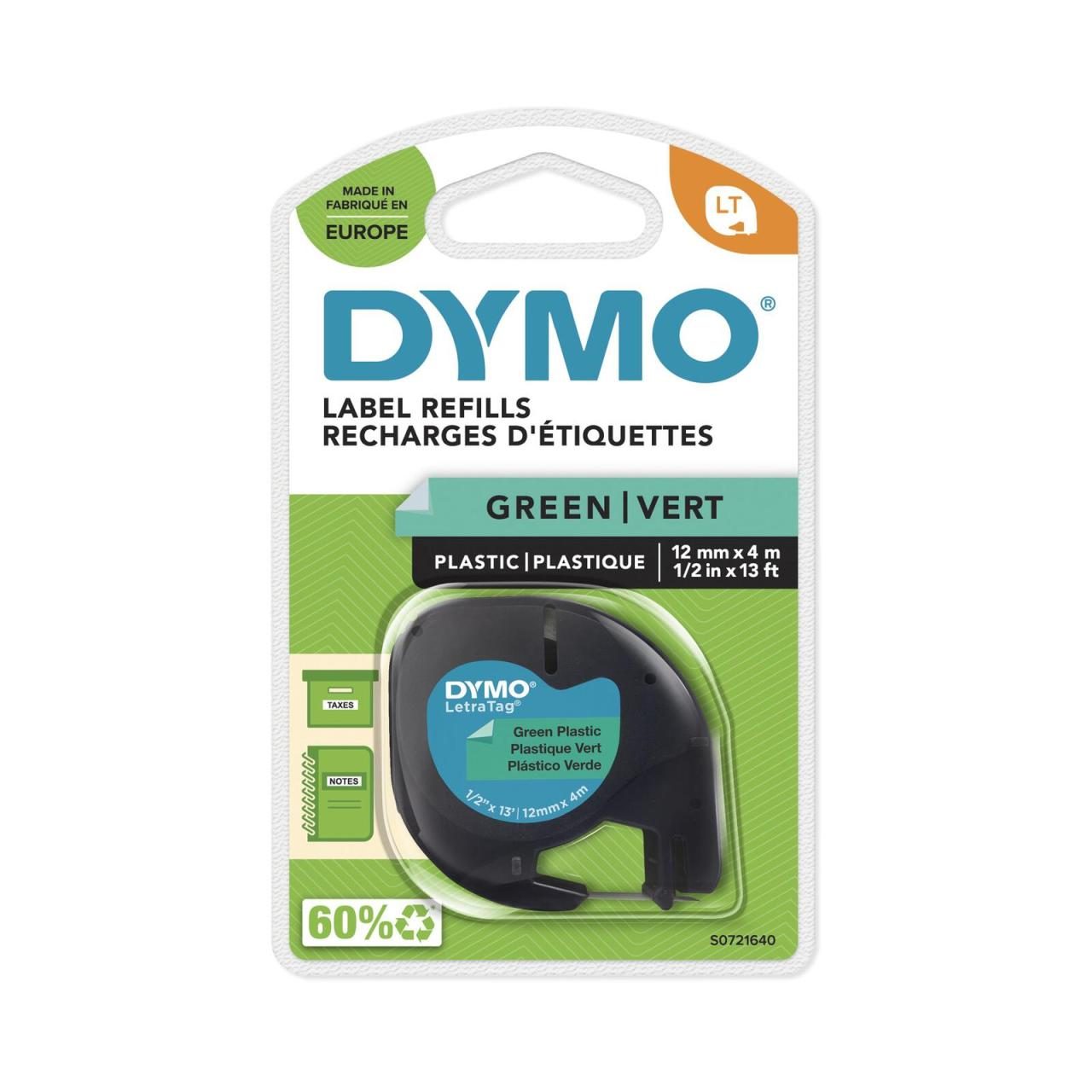 DYMO® Original Schriftband für LetraTag® Plastik 12mm x 4m - schwarz auf grün von Dymo