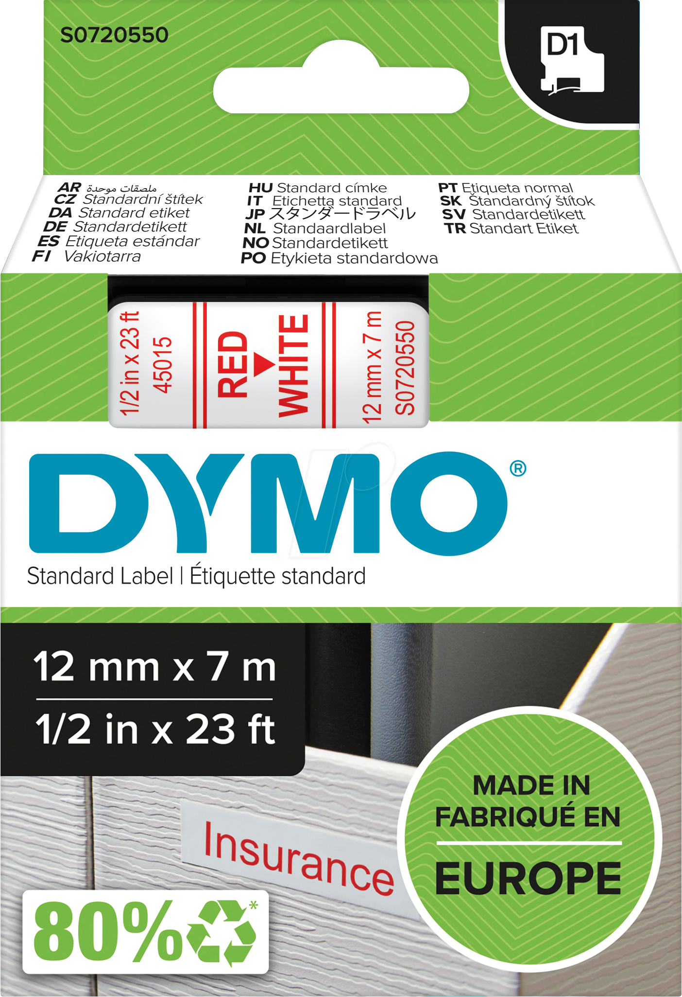 DYMO D1 45015 - DYMO D1 Schriftband, 12mm, rot/weiß von Dymo