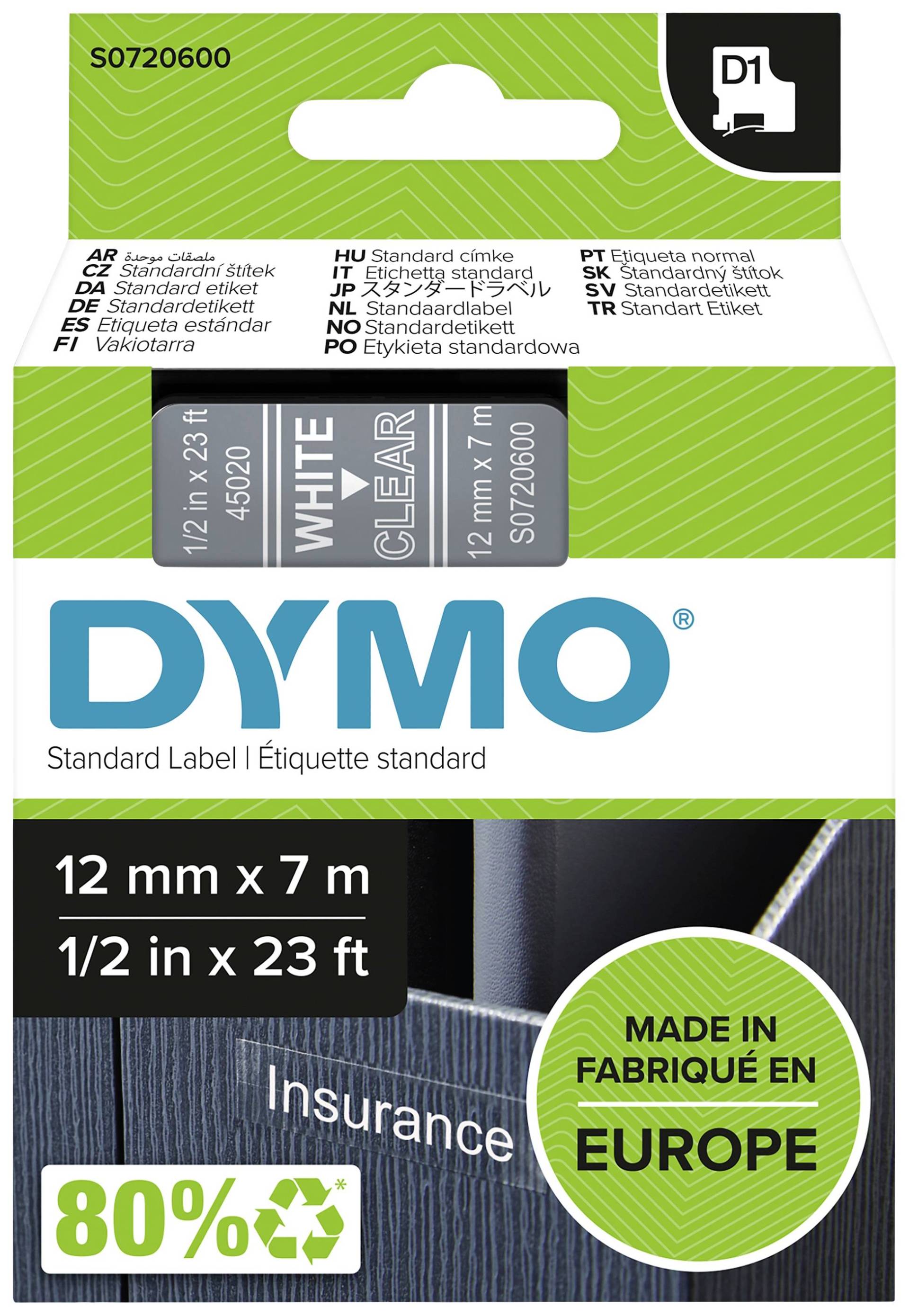 DYMO D1 Schriftband 45020 12mmx7.0m weiß ->transp. DYMO D1 Schriftband 45020 12mmx7.0m weiß ->transp. von Dymo