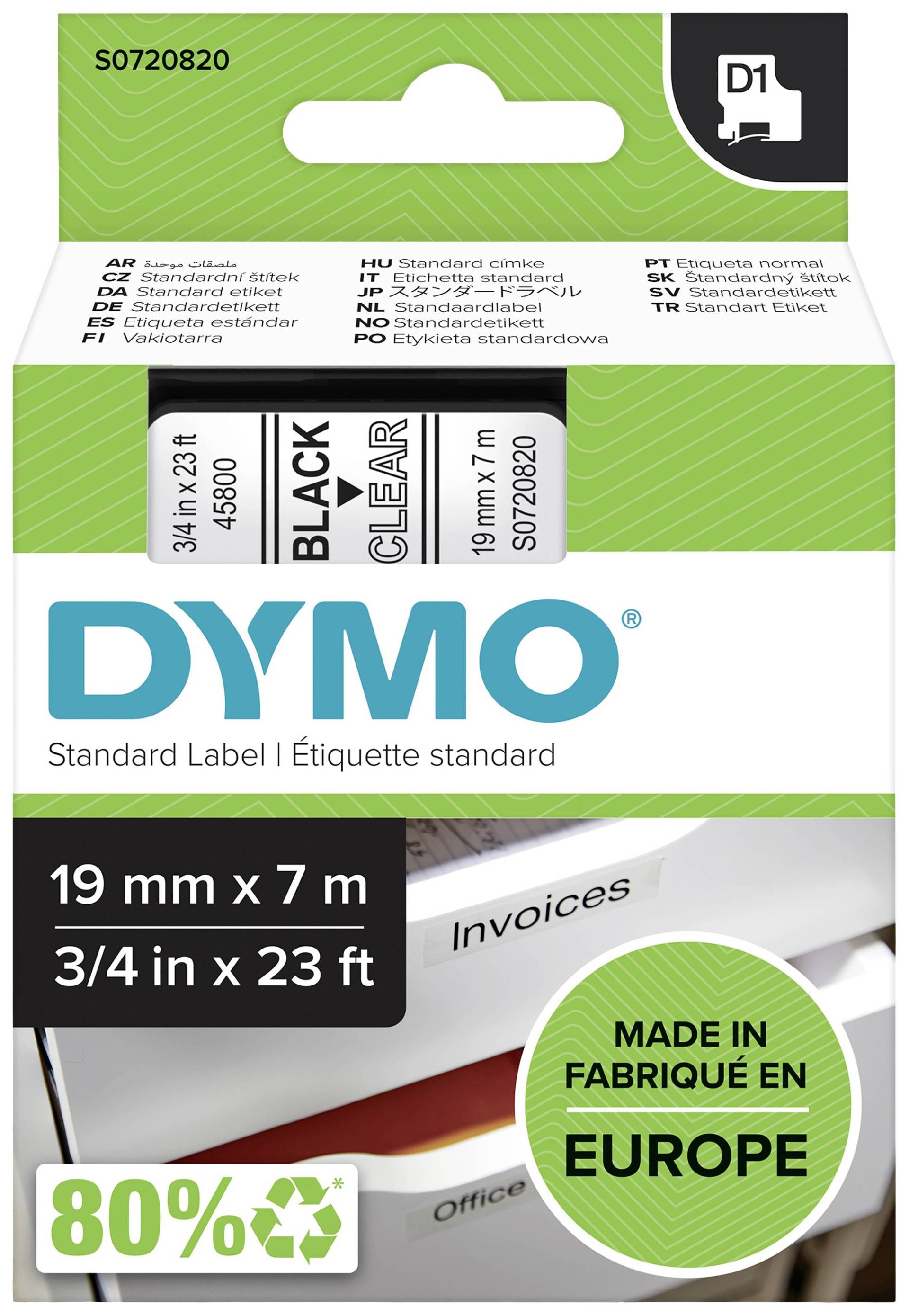 DYMO D1  Schriftband 45800  19mmx7.0m schwarz->transp. von Dymo