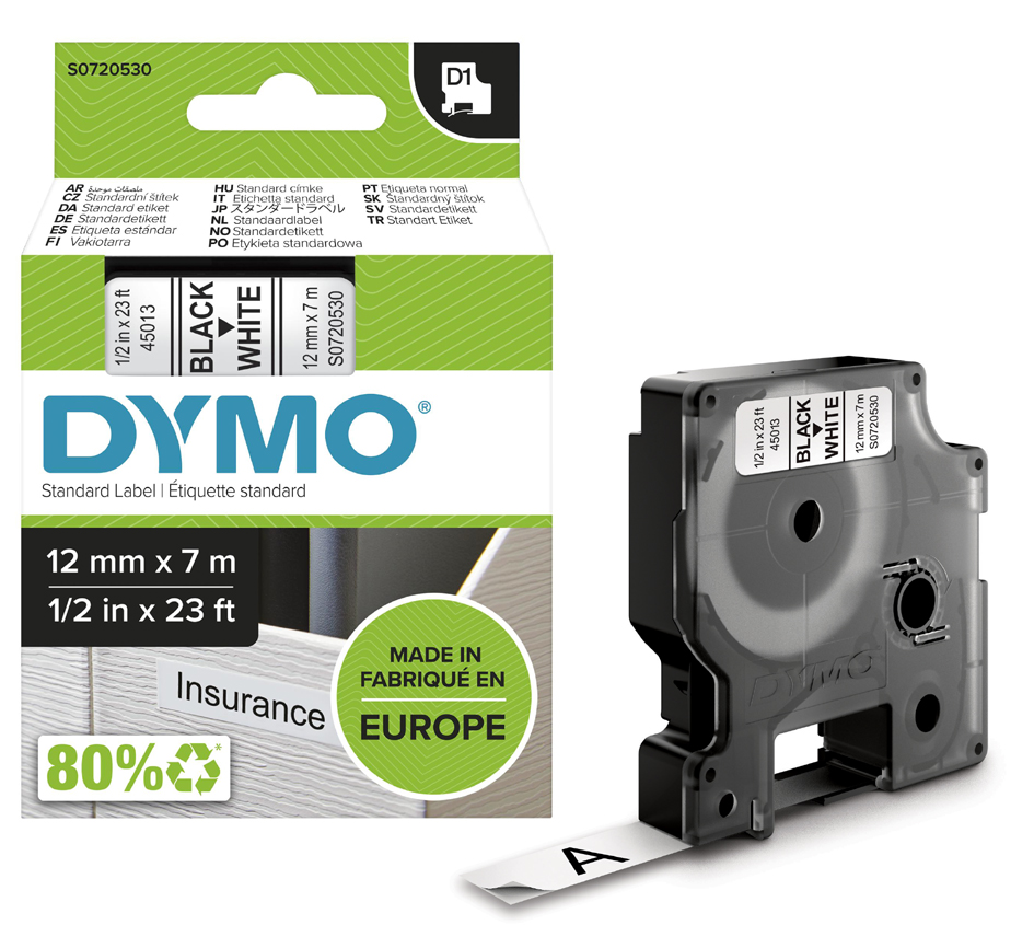 DYMO D1 Schriftbandkassette schwarz/weiß, 12 mm x 7 m von Dymo