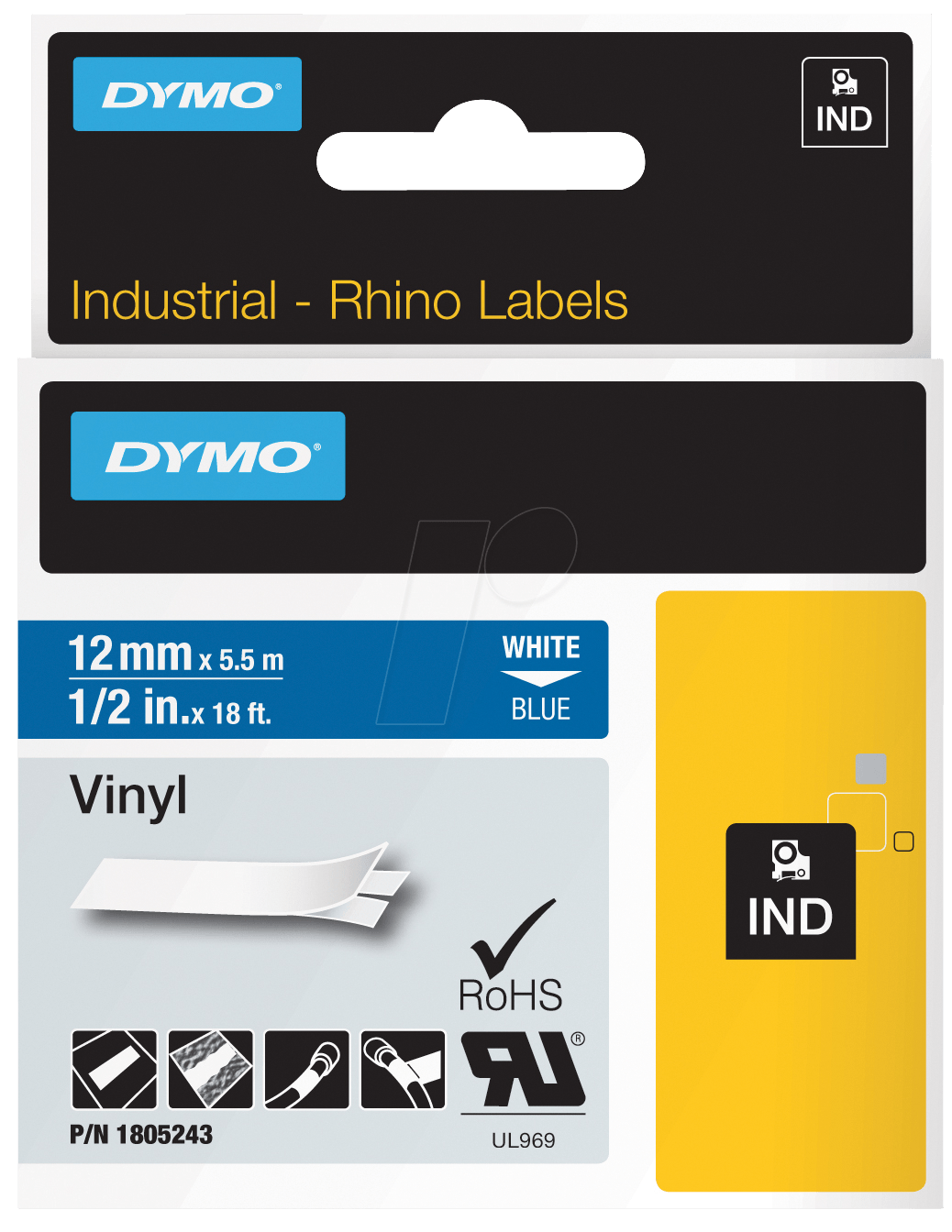 DYMO IND 1805243 - DYMO IND Band Vinyl, 12mm, weiß/blau von Dymo