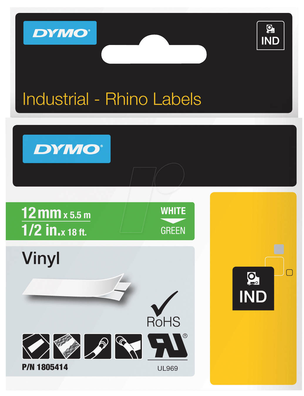 DYMO IND 1805414 - DYMO IND Band Vinyl, 12mm, weiß/grün von Dymo