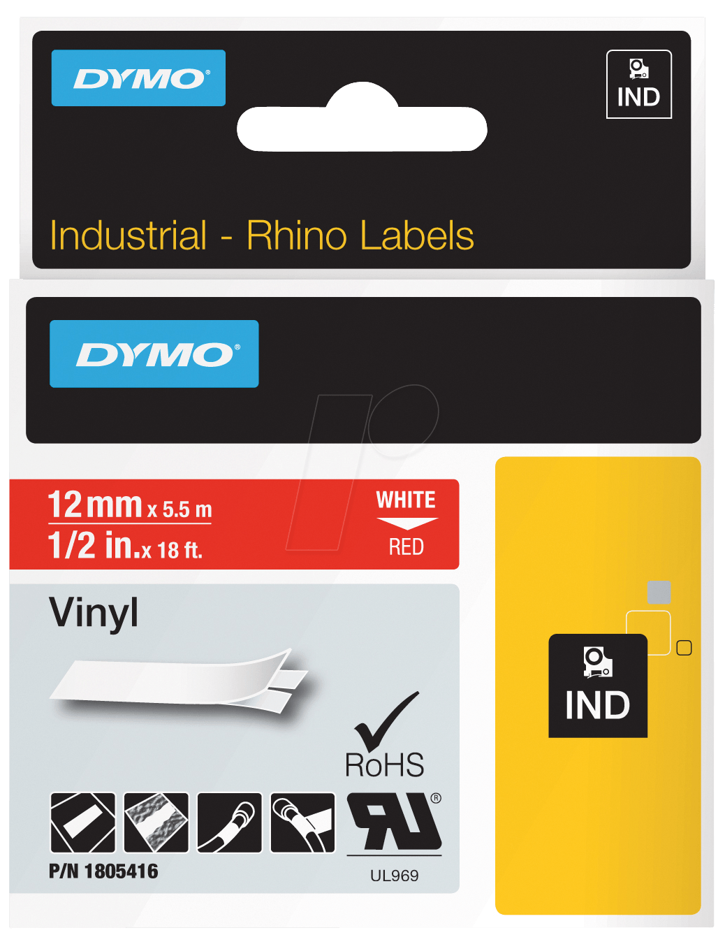 DYMO IND 1805416 - DYMO IND Band Vinyl, 12mm, weiß/rot von Dymo