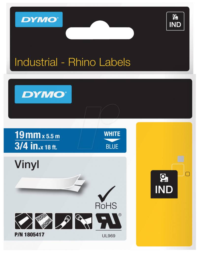 DYMO IND 1805417 - DYMO IND Band Vinyl, 19mm, weiß/blau von Dymo