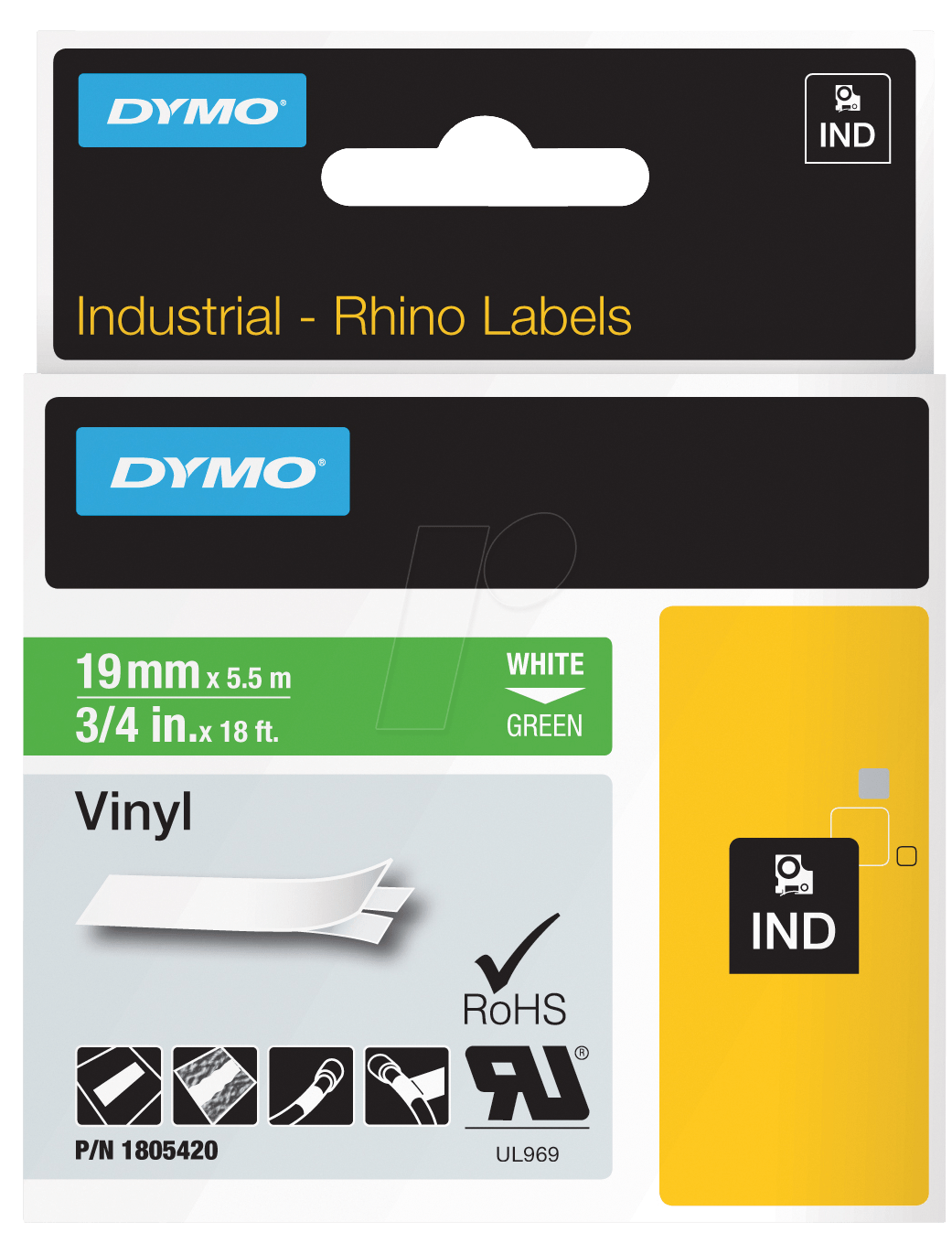 DYMO IND 1805420 - DYMO IND Band Vinyl, 19mm, weiß/grün von Dymo