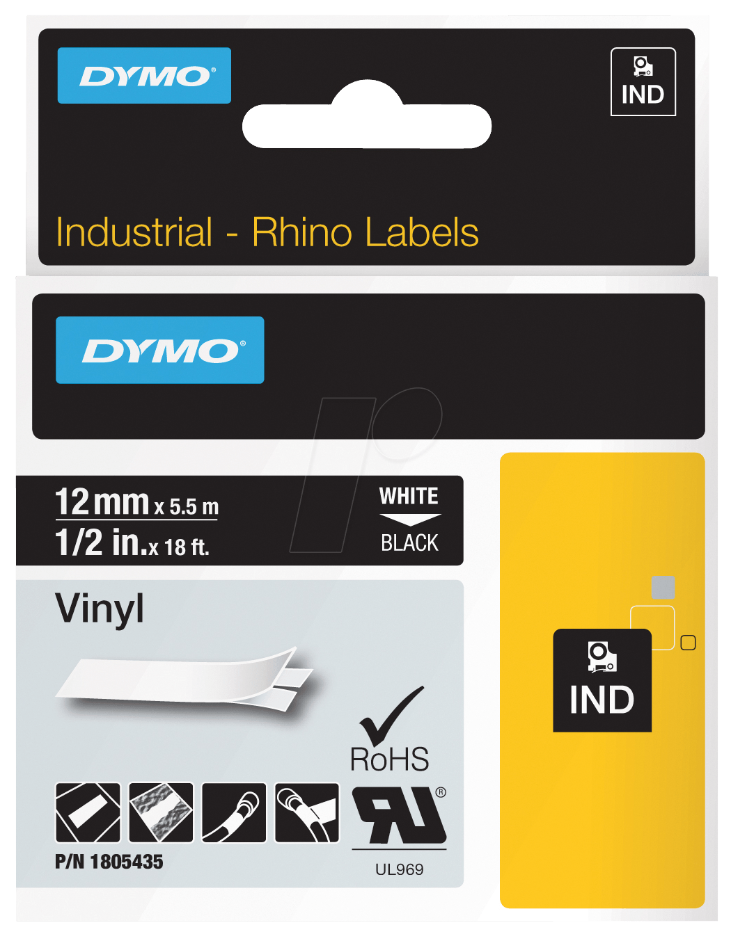 DYMO IND 1805435 - DYMO IND Band Vinyl, 12mm, weiß/schwarz von Dymo