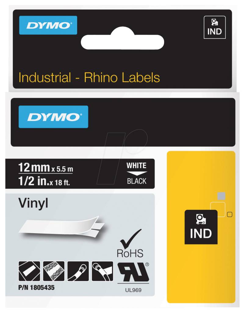 DYMO IND 1805435 - DYMO IND Band Vinyl, 12mm, weiß/schwarz von Dymo