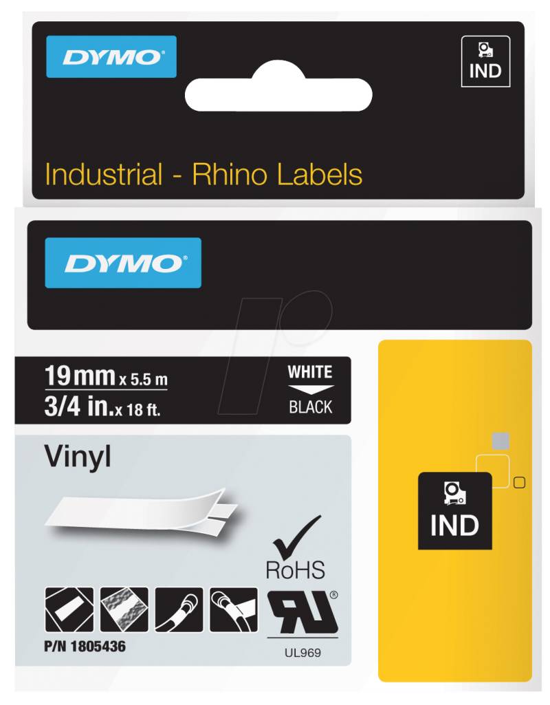 DYMO IND 1805436 - DYMO IND Band Vinyl, 19mm, weiß/schwarz von Dymo